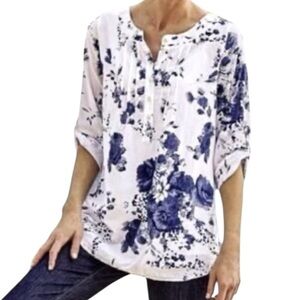 Soft Surroundings Cotton Tunic Blue White Floral Long Sleeve Blouse Size M